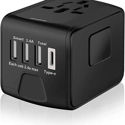 Universal International Travel Power Adapter W/High Speed 2.4A USB, 3.0A Type-C Wall Charger, European Adapter, Worldwide AC Outlet Plugs